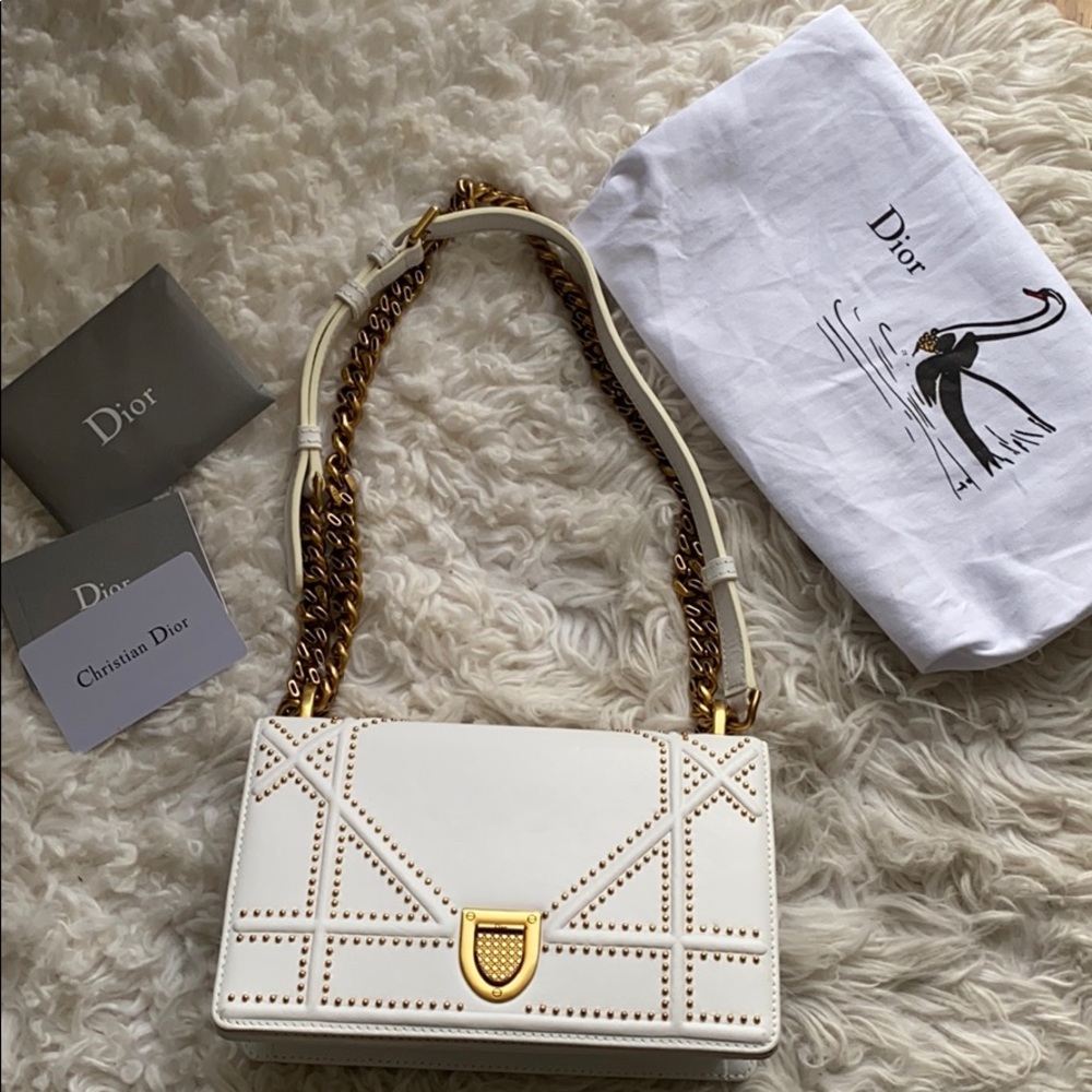 White Leather Shoulder Bag with Gold Chain and Stud Detailing